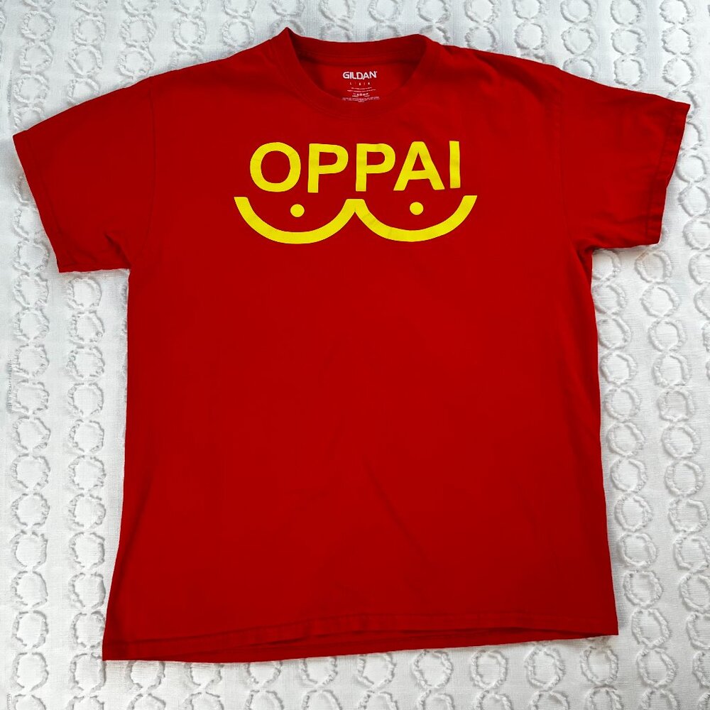 OPPAI T-Shirt Men's Large One-Punch Man Anime Red Yellow Casual